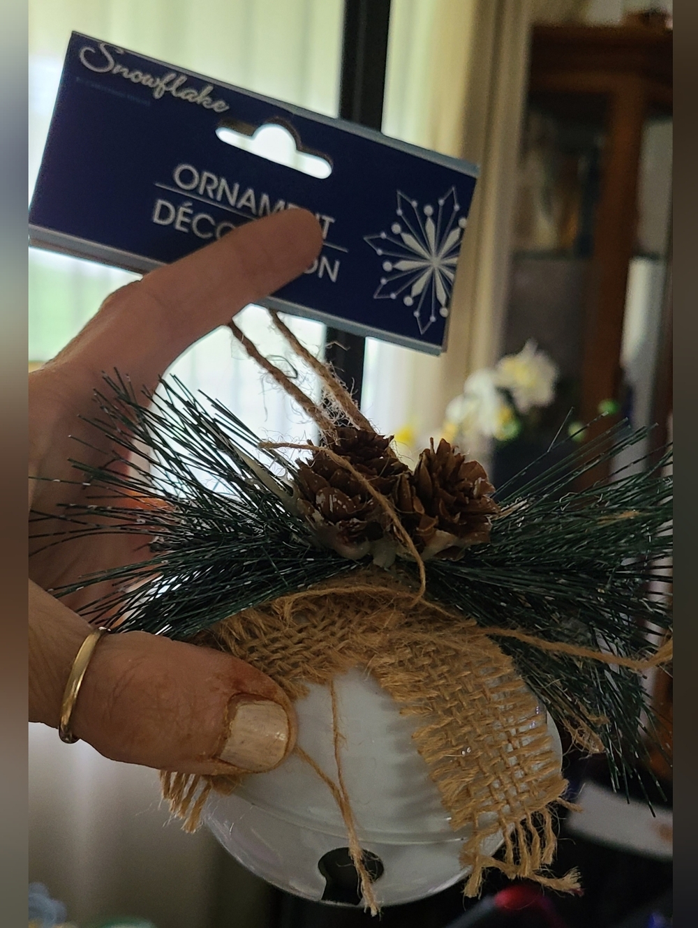 White Jingle Bell Ornament with Burlap and Pine Accents -